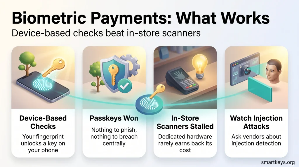 Infographic on biometric payments: device-based fingerprint checks and passkeys work, in-store palm scanners stalled, and injection attacks need vendor scrutiny.