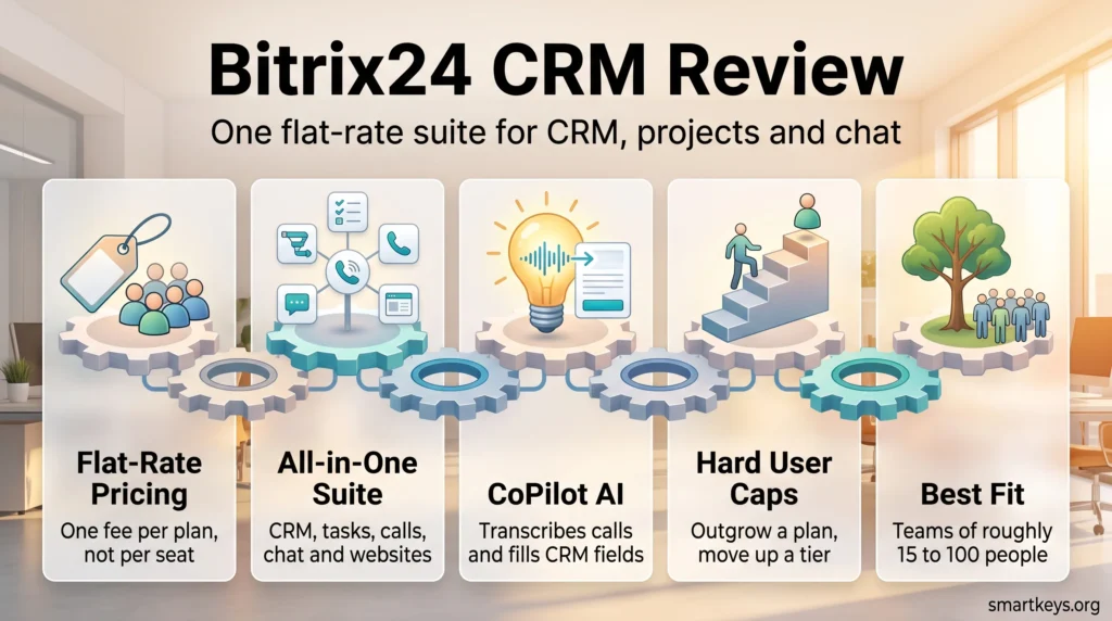 Bitrix24 CRM review infographic showing flat-rate pricing, the all-in-one suite, CoPilot AI, hard user caps and best fit for mid-sized teams.
