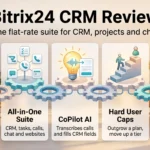 Bitrix24 CRM review infographic showing flat-rate pricing, the all-in-one suite, CoPilot AI, hard user caps and best fit for mid-sized teams.