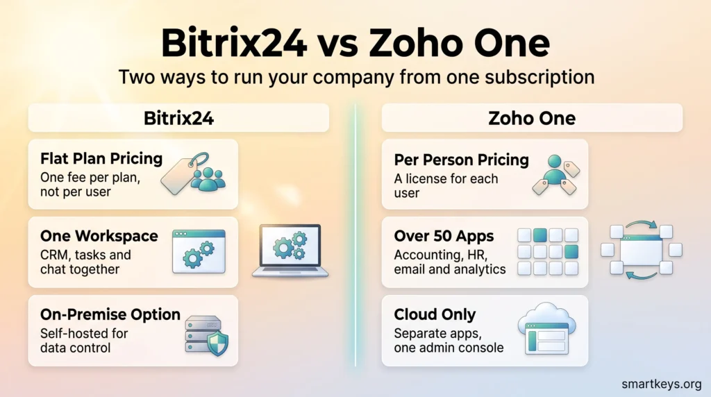 Bitrix24 vs Zoho One infographic comparing flat plan pricing, one workspace and on-premise hosting with per person pricing, over 50 apps and cloud only.