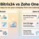 Bitrix24 vs Zoho One 2026: Pricing, Features and Verdict Bitrix24 vs Zoho One infographic comparing flat plan pricing, one workspace and on-premise hosting with per person pricing, over 50 apps and cloud only.