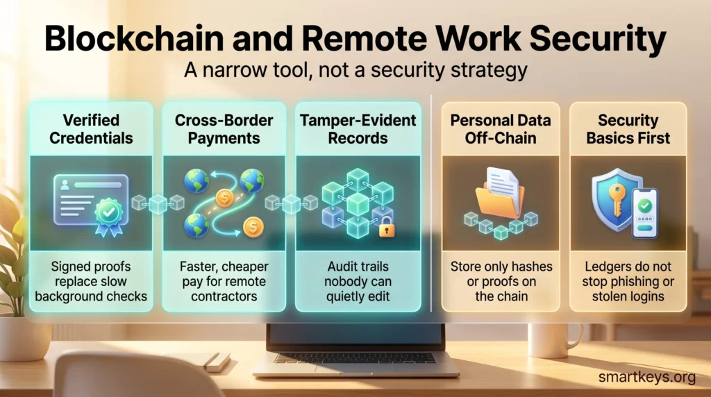 Infographic on blockchain and remote work security: verified credentials, cross-border payments, tamper-evident records, off-chain data and security basics.