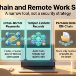 Blockchain and Remote Work Security: What Works in 2026 Infographic on blockchain and remote work security: verified credentials, cross-border payments, tamper-evident records, off-chain data and security basics.