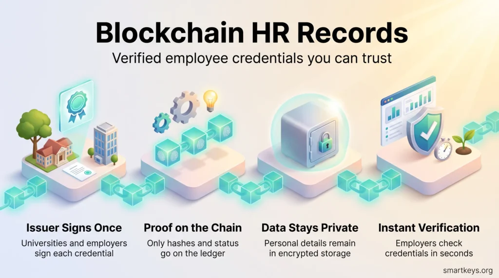 Blockchain HR records infographic: issuers sign credentials once, only proofs go on the ledger, personal data stays encrypted, and employers verify instantly.