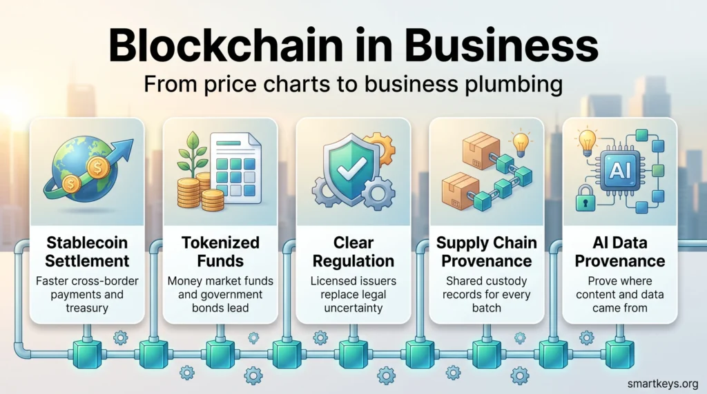 Blockchain in business infographic showing stablecoin settlement, tokenized funds, clear regulation, supply chain provenance and AI data provenance.