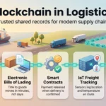 Blockchain and Logistics: The Future of Supply Chain Management Infographic on blockchain in logistics: a shared ledger, electronic bills of lading, smart contracts, IoT freight tracking and open standards along a supply route.