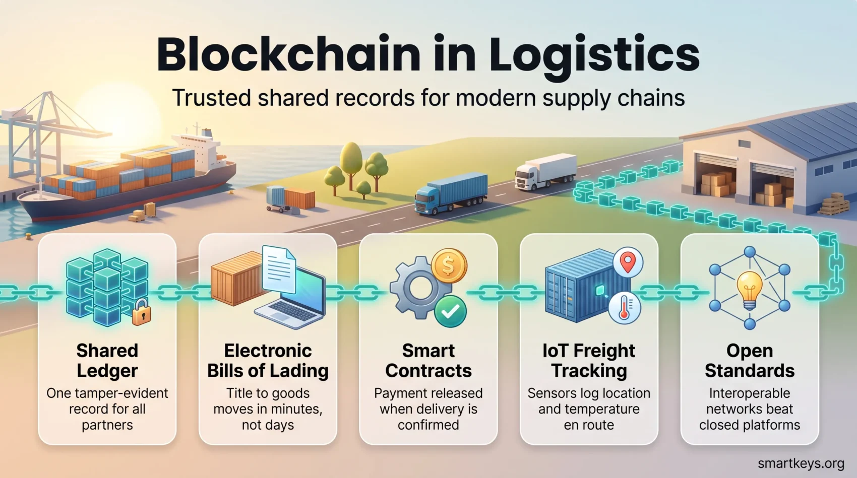 Infographic on blockchain in logistics: a shared ledger, electronic bills of lading, smart contracts, IoT freight tracking and open standards along a supply route.