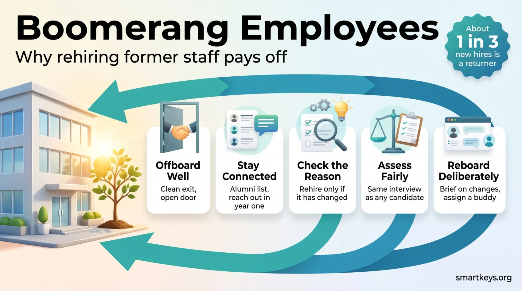 Infographic on boomerang employees showing five steps to rehiring former staff, from a clean exit and alumni contact to deliberate reboarding.