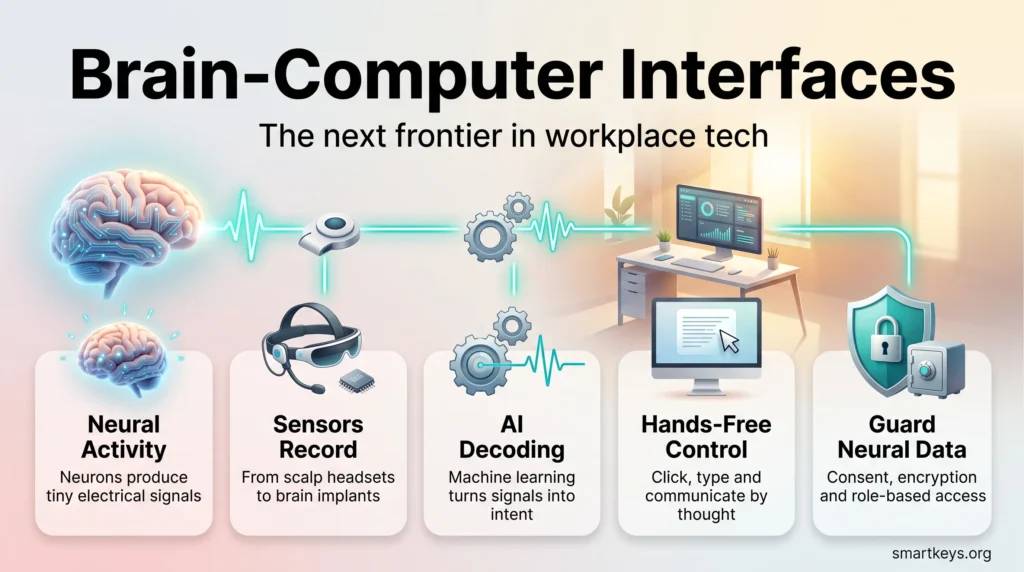 Infographic on brain-computer interfaces at work: neural signals are recorded, decoded by AI into hands-free commands and protected as sensitive data.