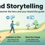 Brand Storytelling: Crafting Narratives That Resonate and Sell Brand storytelling infographic: a path from finding the customer conflict to casting the customer as hero, showing the change and naming the moral.