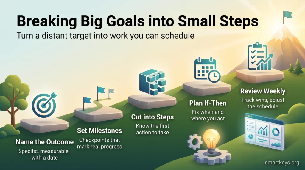 Infographic on breaking big goals into small steps: name the outcome, set milestones, cut work into steps, plan if-then triggers and review weekly.