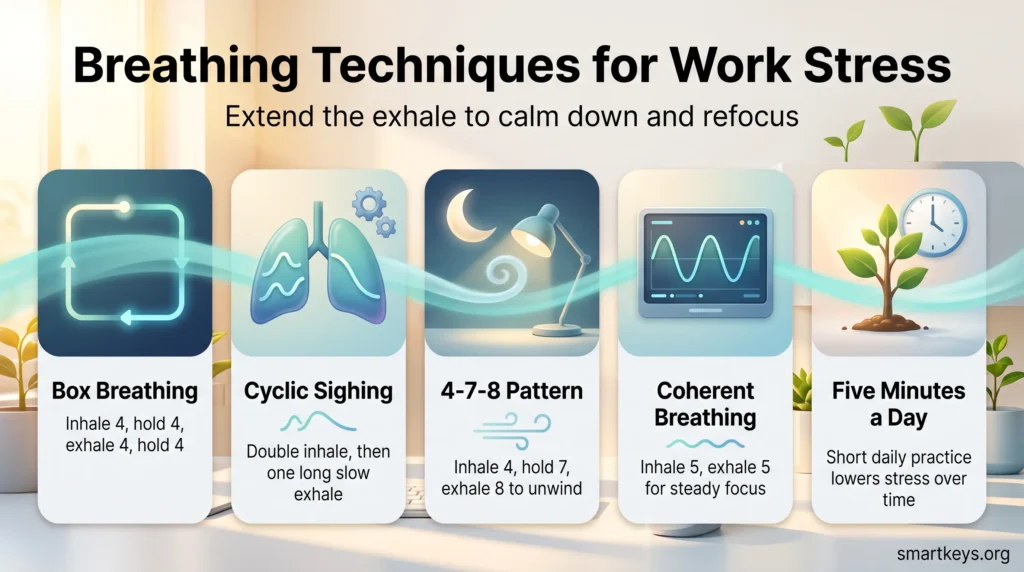 Infographic on breathing techniques for work stress: box breathing, cyclic sighing, the 4-7-8 pattern, coherent breathing and five minutes of daily practice.