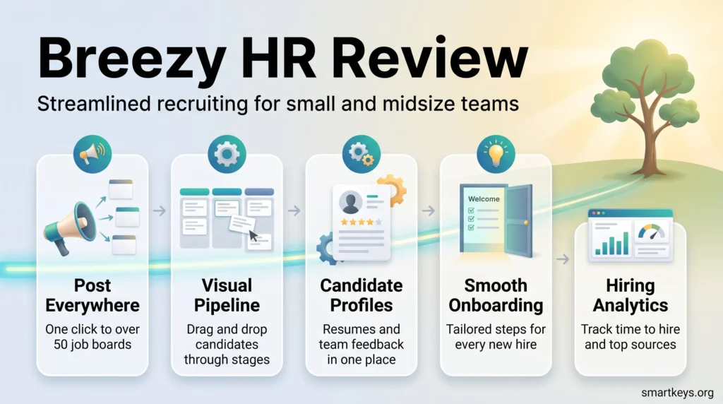 Breezy HR review infographic showing a recruiting flow from posting to over 50 job boards to pipeline, candidate profiles, onboarding and hiring analytics.