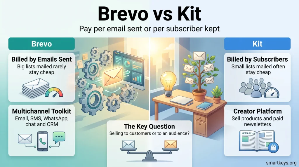 Sendinblue vs ConvertKit infographic: Brevo bills per email sent and adds SMS, chat and CRM, while Kit bills per subscriber and sells creator products.