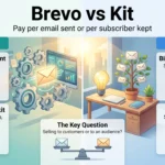 Sendinblue vs ConvertKit infographic: Brevo bills per email sent and adds SMS, chat and CRM, while Kit bills per subscriber and sells creator products.