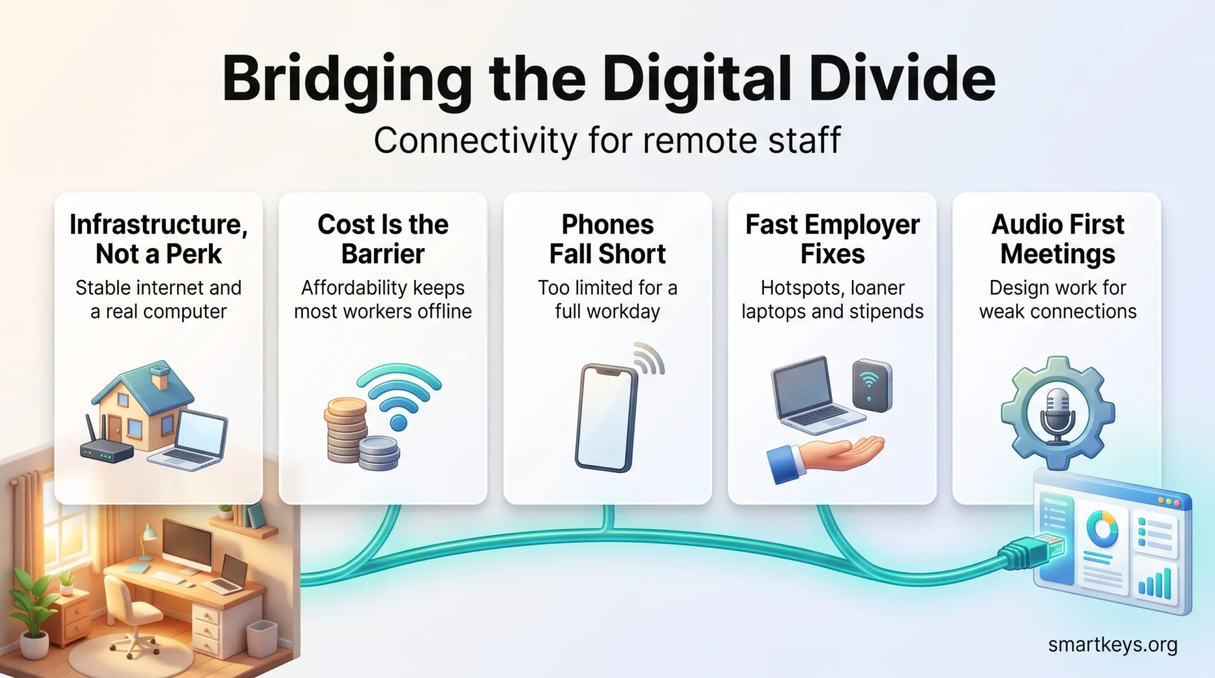 Infographic on bridging the digital divide for remote staff, from connectivity as infrastructure and cost barriers to employer fixes and audio-first meetings.