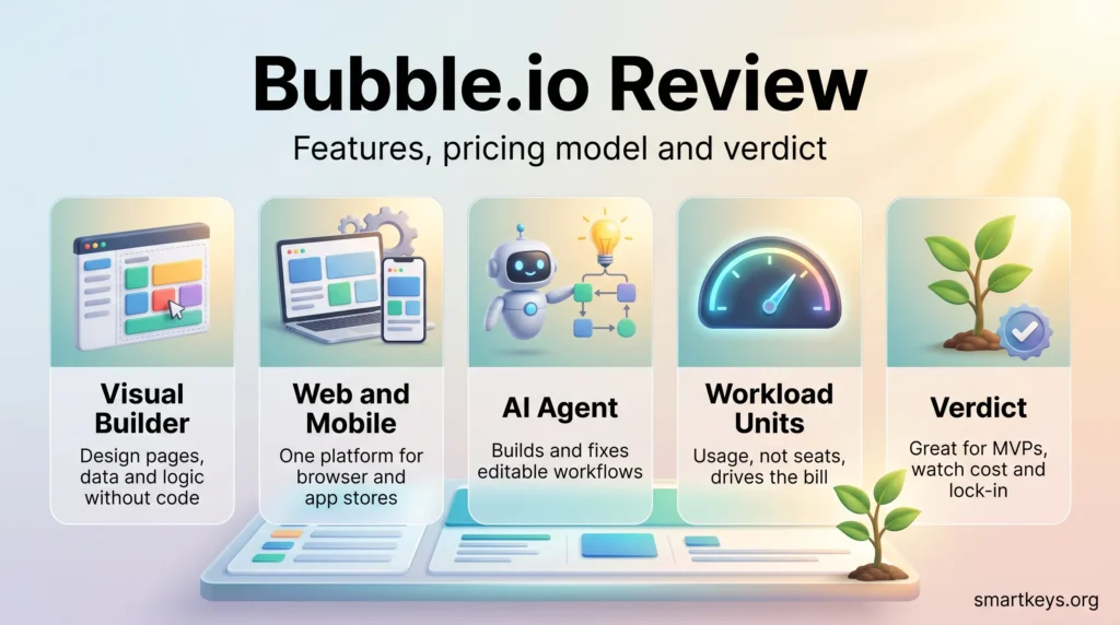 Bubble.io review infographic with five cards: visual no-code builder, web and mobile apps, AI Agent, workload unit pricing and the verdict.