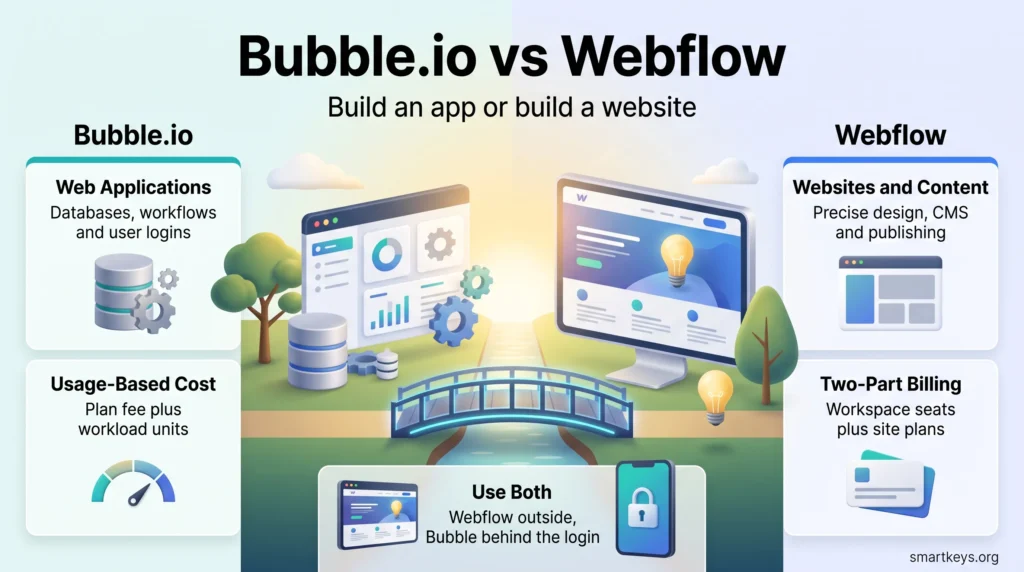 Bubble.io vs Webflow infographic comparing app building with databases and workload units to website design, CMS and two-part billing, joined by a bridge.
