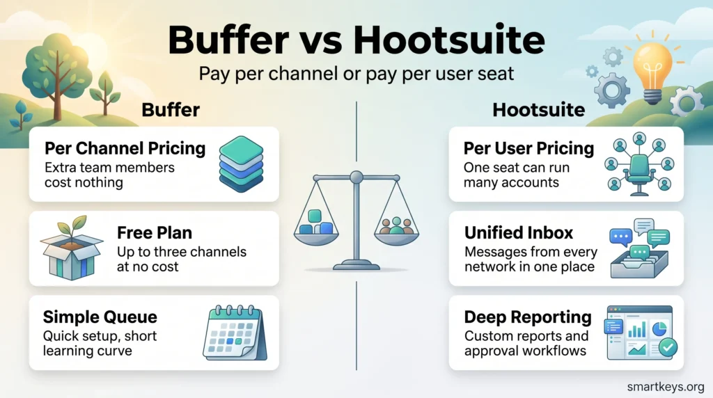 Buffer vs Hootsuite infographic comparing per channel pricing, a free plan and a simple queue with per user pricing, a unified inbox and deep reporting.