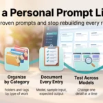 AI prompt library infographic showing five steps: save what works, organize by category, document every entry, test across models and prune regularly.