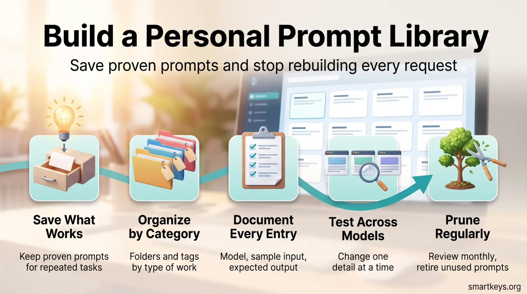 AI prompt library infographic showing five steps: save what works, organize by category, document every entry, test across models and prune regularly.