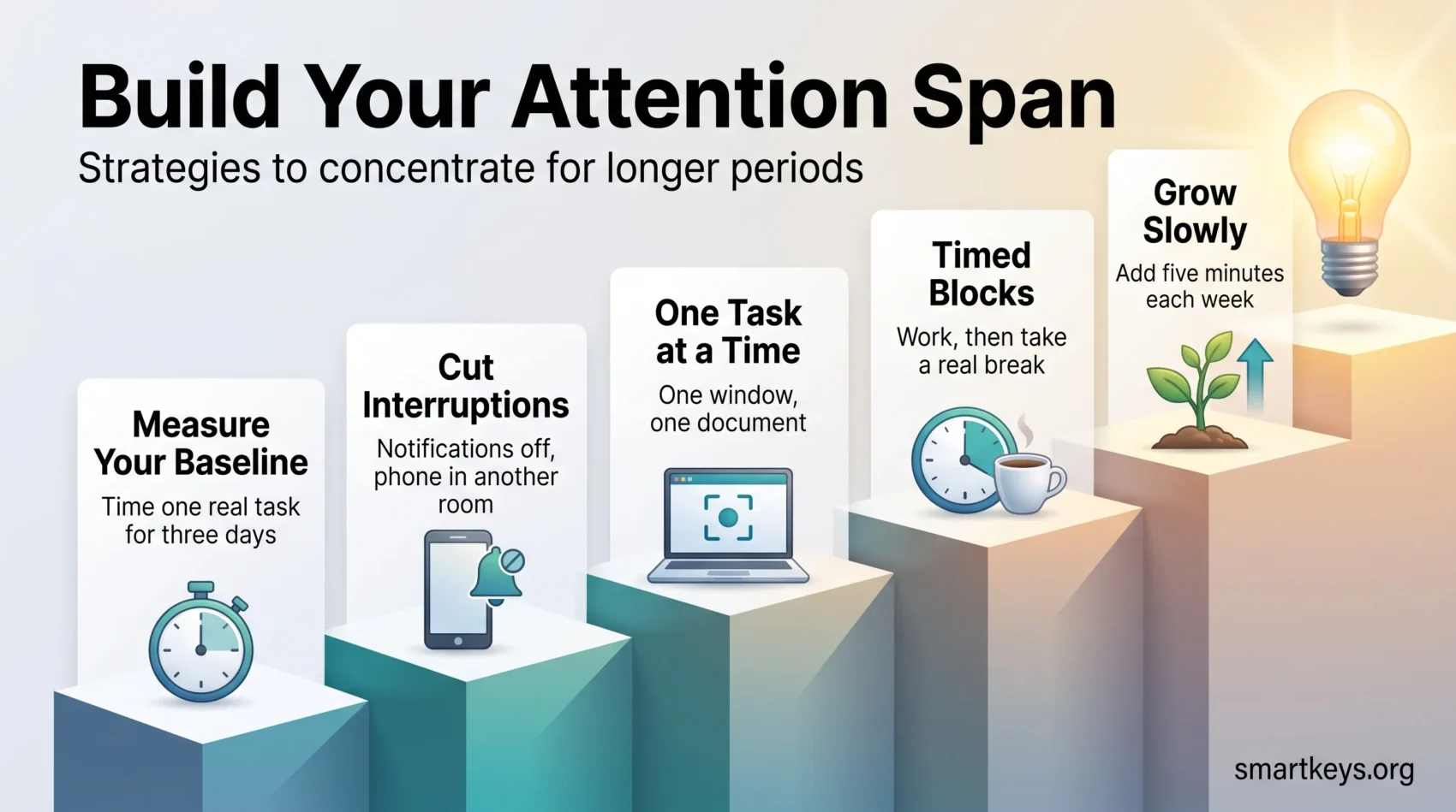 Infographic on how to build your attention span in five rising steps: measure your baseline, cut interruptions, single-task, use timed blocks and grow slowly.