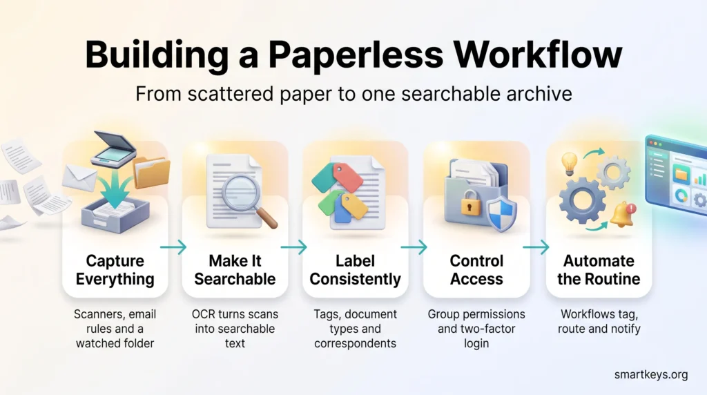 Paperless workflow infographic in five steps: capture everything, make it searchable with OCR, label consistently, control access and automate the routine.