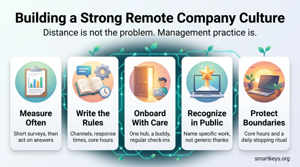 Infographic on building a strong remote company culture: measure often, write the rules, onboard with care, recognize in public and protect boundaries.