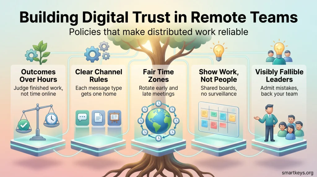 Infographic on building digital trust in remote teams: outcomes over hours, clear channel rules, fair time zones, shared boards and visibly fallible leaders.