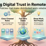 Infographic on building digital trust in remote teams: outcomes over hours, clear channel rules, fair time zones, shared boards and visibly fallible leaders.