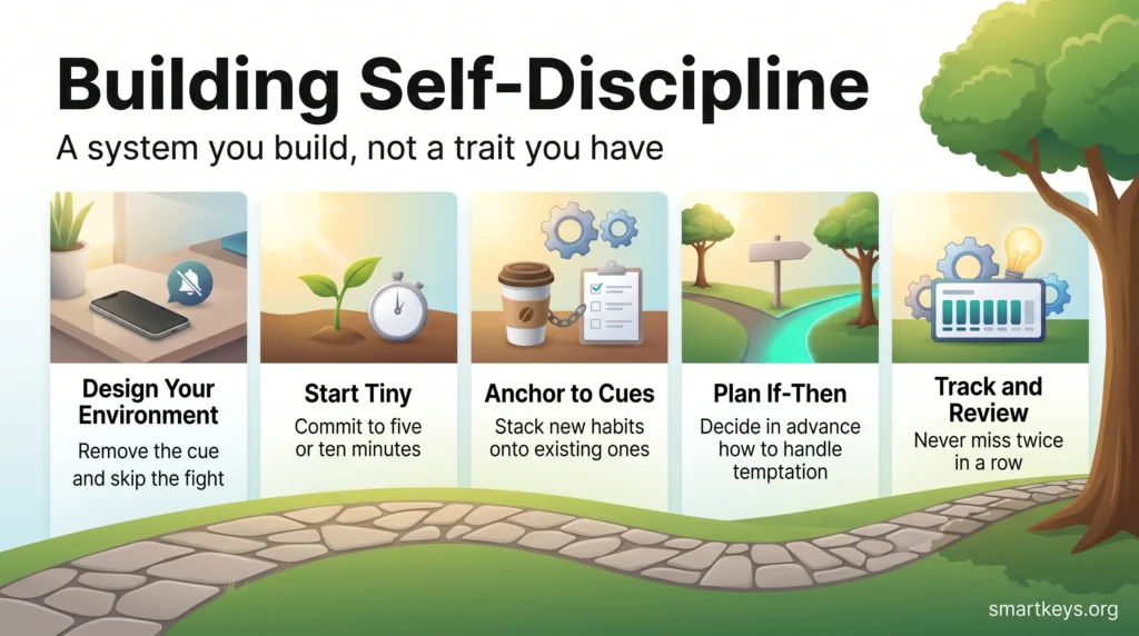 Infographic on building self-discipline as a system: design your environment, start tiny, anchor habits to cues, plan if-then responses, and track and review.