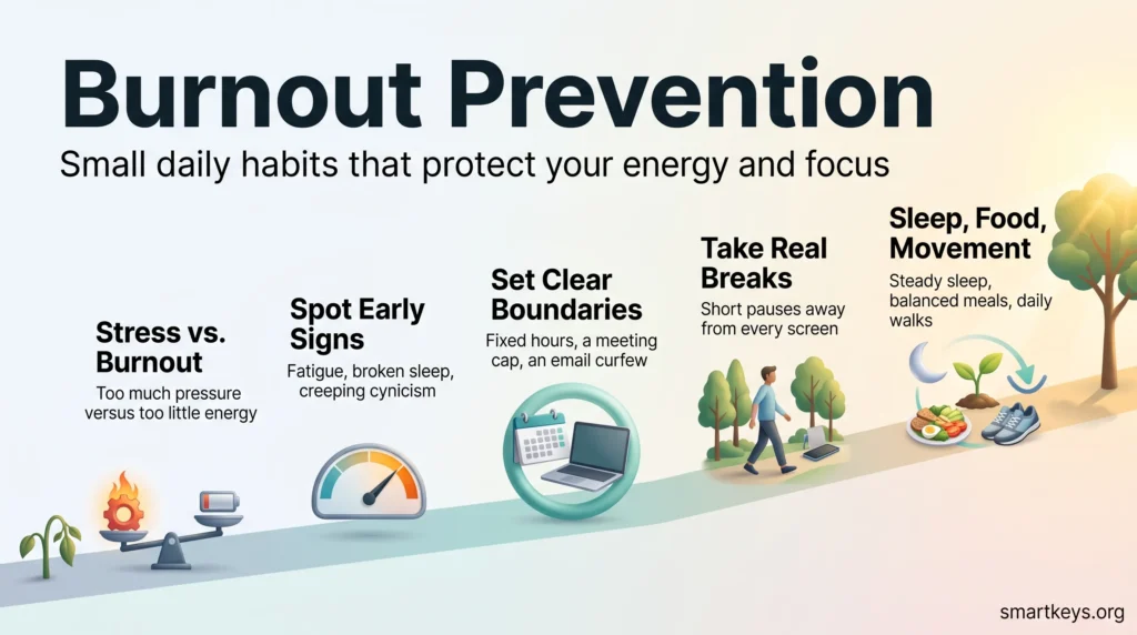 Burnout prevention infographic showing a rising path from stress to steady energy: early signs, clear boundaries, real breaks, sleep, food and movement.
