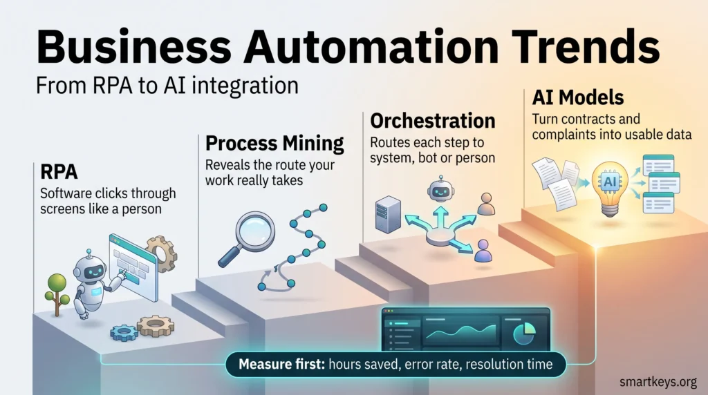 Infographic on business automation trends: a staircase from RPA through process mining and orchestration to AI models, with key metrics to measure.