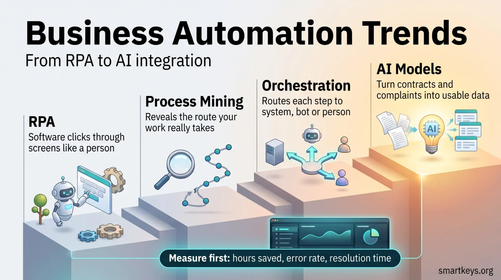 Infographic on business automation trends: a staircase from RPA through process mining and orchestration to AI models, with key metrics to measure.