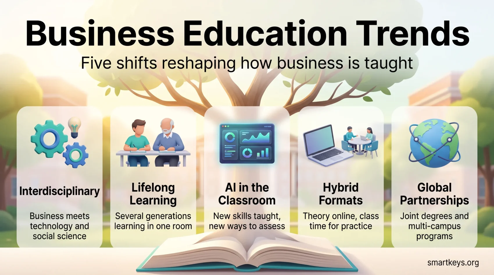 Infographic on business education trends: interdisciplinary teaching, lifelong learning, AI in the classroom, hybrid formats and global partnerships.