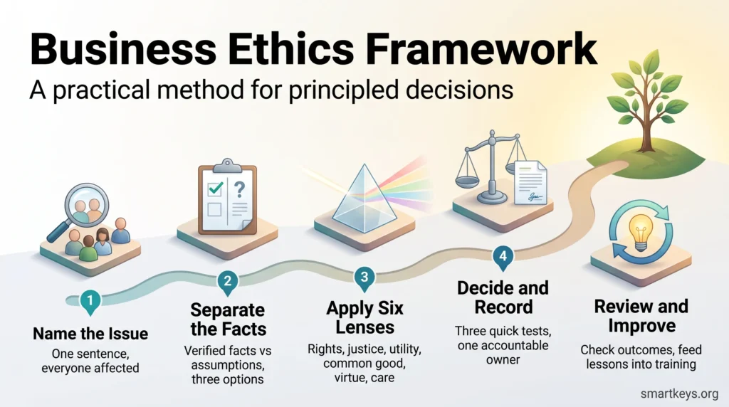 Infographic of a business ethics framework in five steps: name the issue, separate the facts, apply six lenses, decide and record, review and improve.
