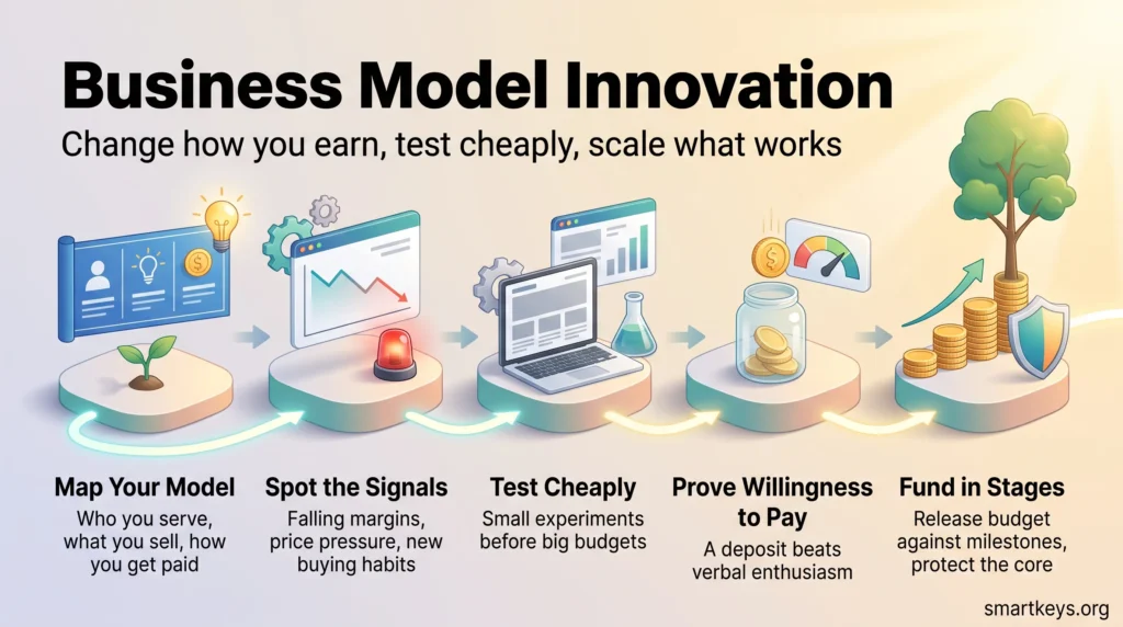 Business model innovation infographic: five stages from mapping your model and spotting signals to cheap tests, proof of payment and staged funding.