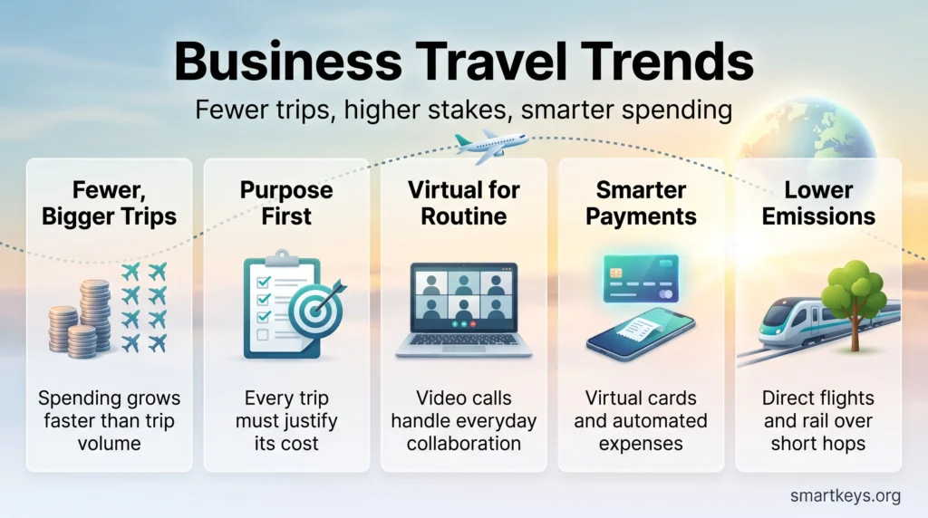 Business travel trends infographic: fewer but bigger trips, purpose first, virtual meetings for routine work, smarter payments and lower emissions.