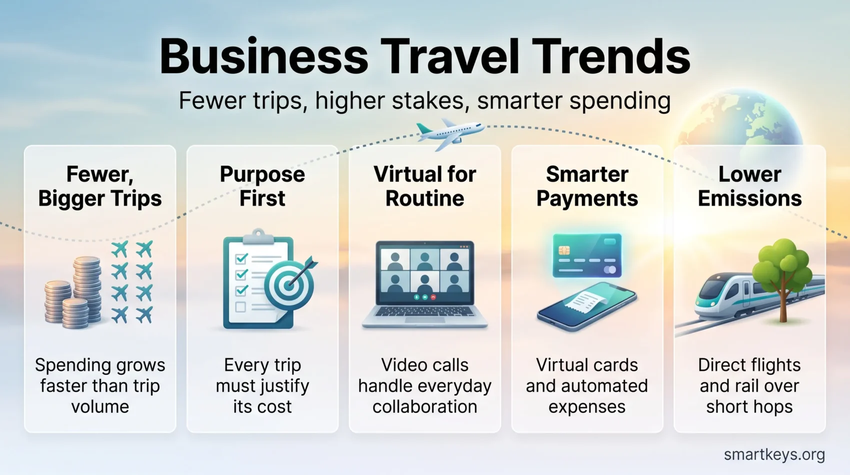 Business travel trends infographic: fewer but bigger trips, purpose first, virtual meetings for routine work, smarter payments and lower emissions.
