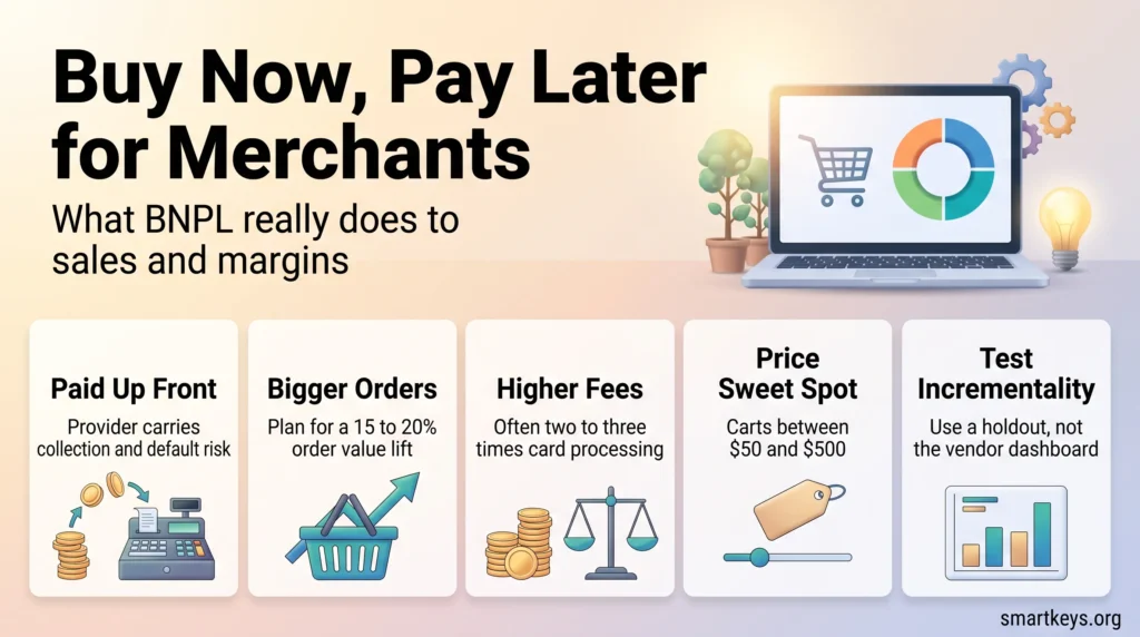 Infographic on buy now, pay later for merchants: paid up front, bigger orders, higher fees, a $50 to $500 sweet spot and holdout testing.