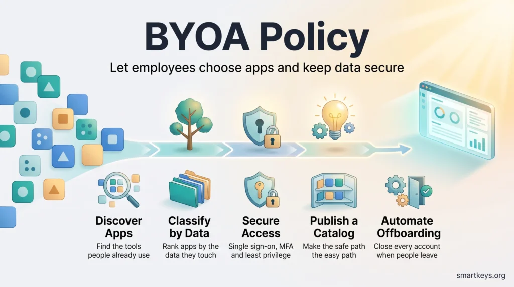 Infographic of a BYOA policy in five steps: discover apps, classify by data, secure access, publish a catalog and automate offboarding.