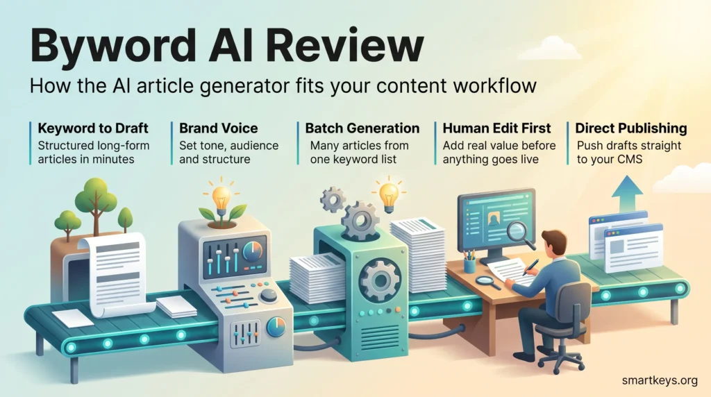 Byword AI review infographic showing the AI article generator workflow: keyword to draft, brand voice, batch generation, human editing and direct publishing