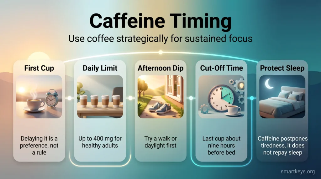 Caffeine timing infographic tracing a workday from the first cup to bedtime: daily limit, afternoon dip, a cut-off nine hours before bed and protected sleep.