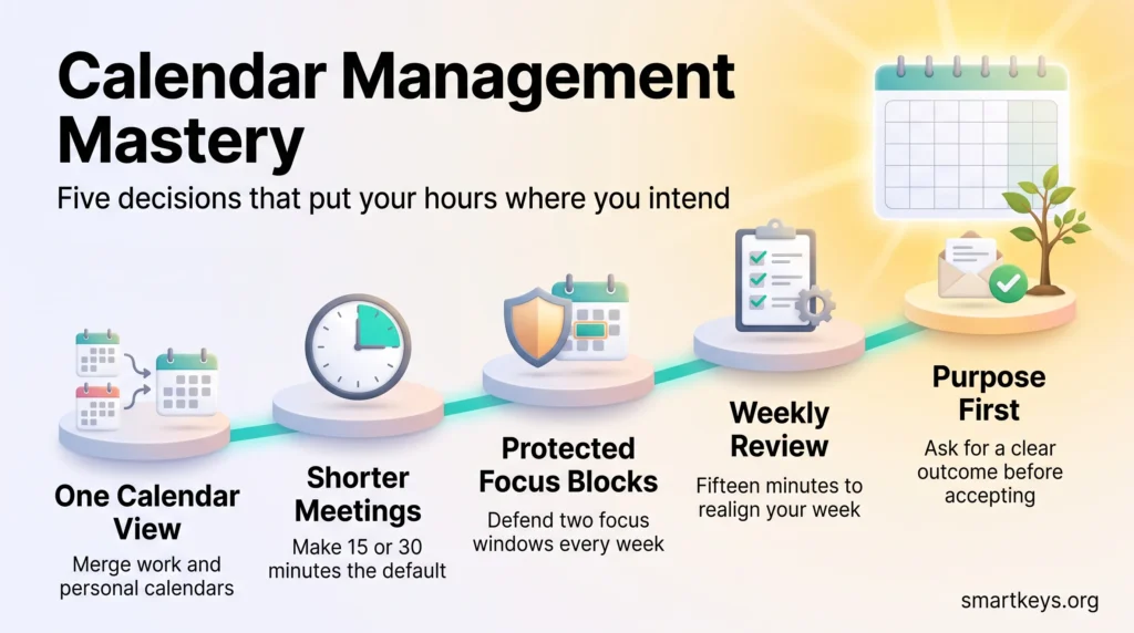 Calendar management infographic showing five steps: one calendar view, shorter meetings, protected focus blocks, a weekly review and asking for a purpose first.