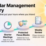 Calendar Management Mastery: Optimize Your Schedule for Balance and Productivity Calendar management infographic showing five steps: one calendar view, shorter meetings, protected focus blocks, a weekly review and asking for a purpose first.