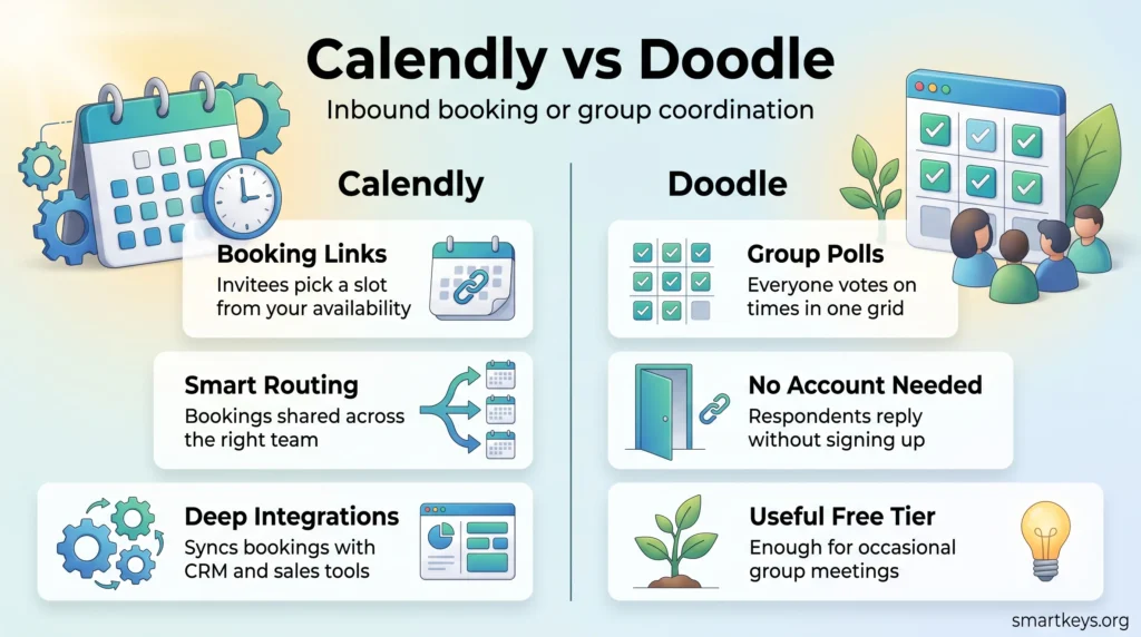 Calendly vs Doodle infographic comparing Calendly booking links, routing and integrations with Doodle group polls, no-account replies and free tier