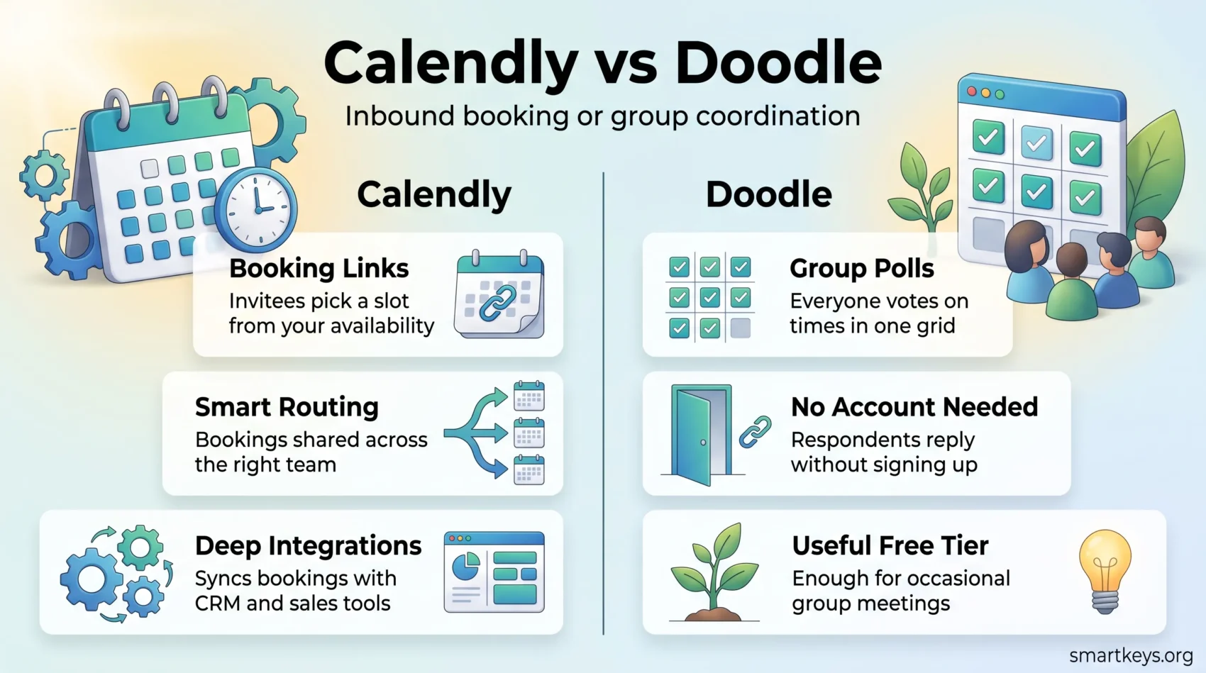 Calendly vs Doodle infographic comparing Calendly booking links, routing and integrations with Doodle group polls, no-account replies and free tier