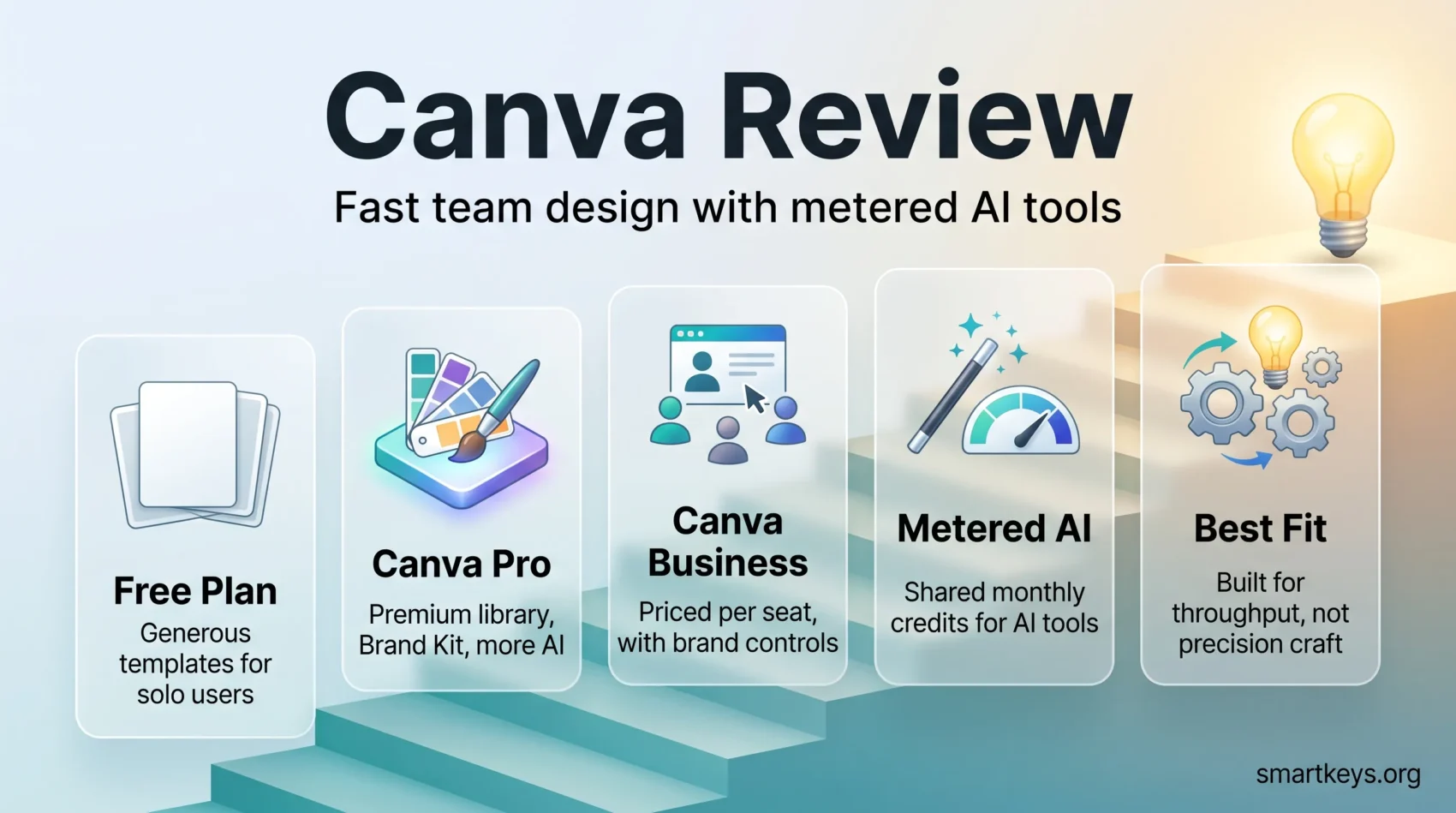 Canva review infographic comparing the Free, Pro and Business plans, metered AI credits and Canva's best fit for fast team design.