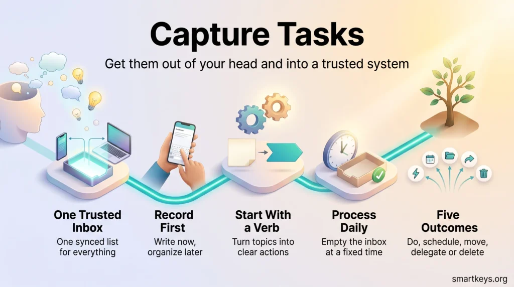 Infographic on how to capture tasks: one trusted inbox, record first, start with a verb, process daily and sort items into five outcomes.