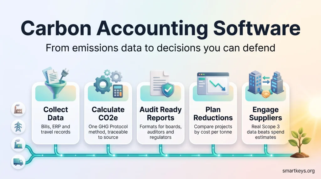 Carbon accounting software infographic: a five-step flow from collecting data and calculating CO2e to audit ready reports, reduction plans and supplier engagement.